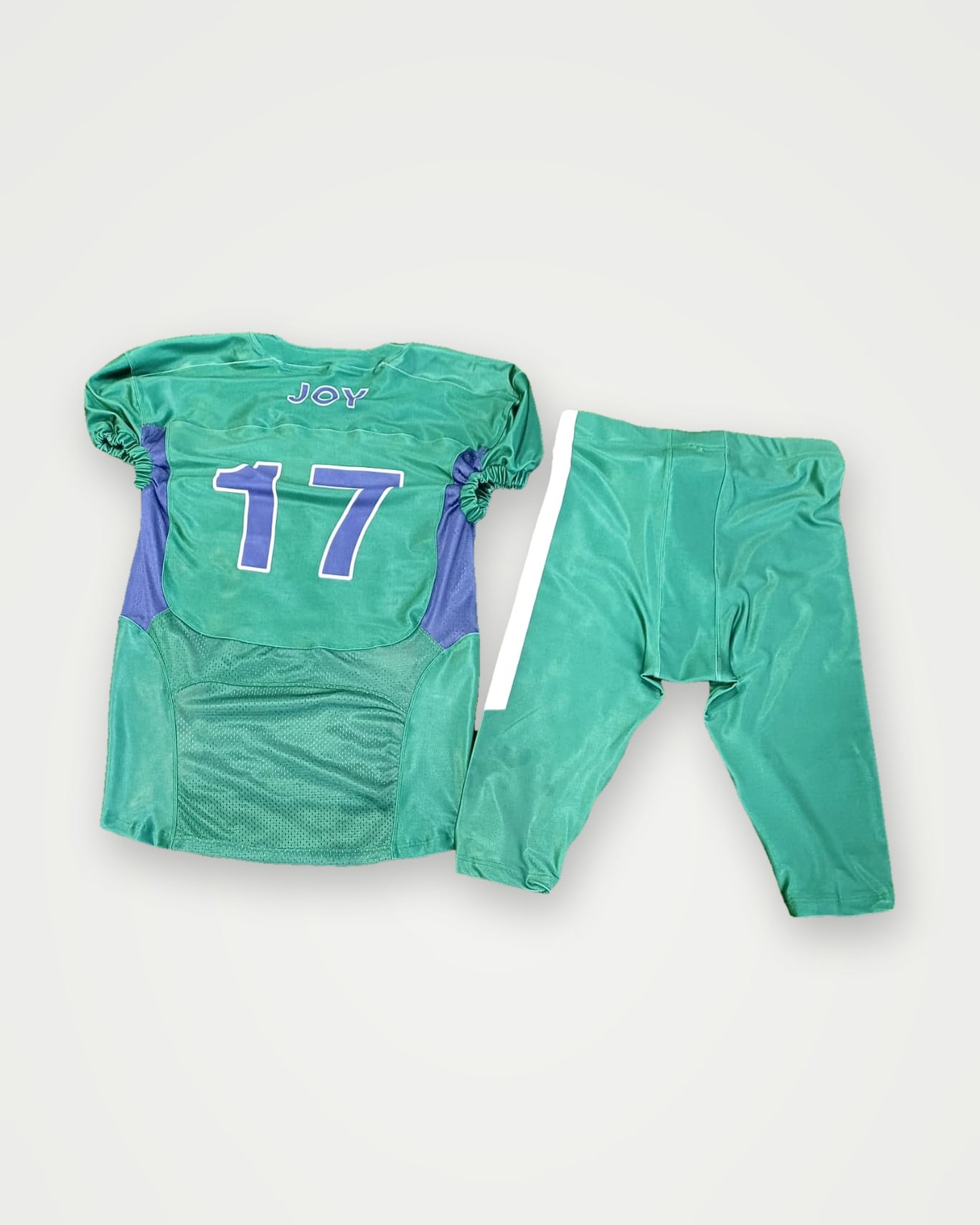 Back of a green American football jersey with number 17 and matching pants