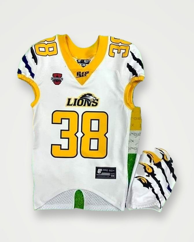 White and gold American football jersey with number 38, pants and matching gloves