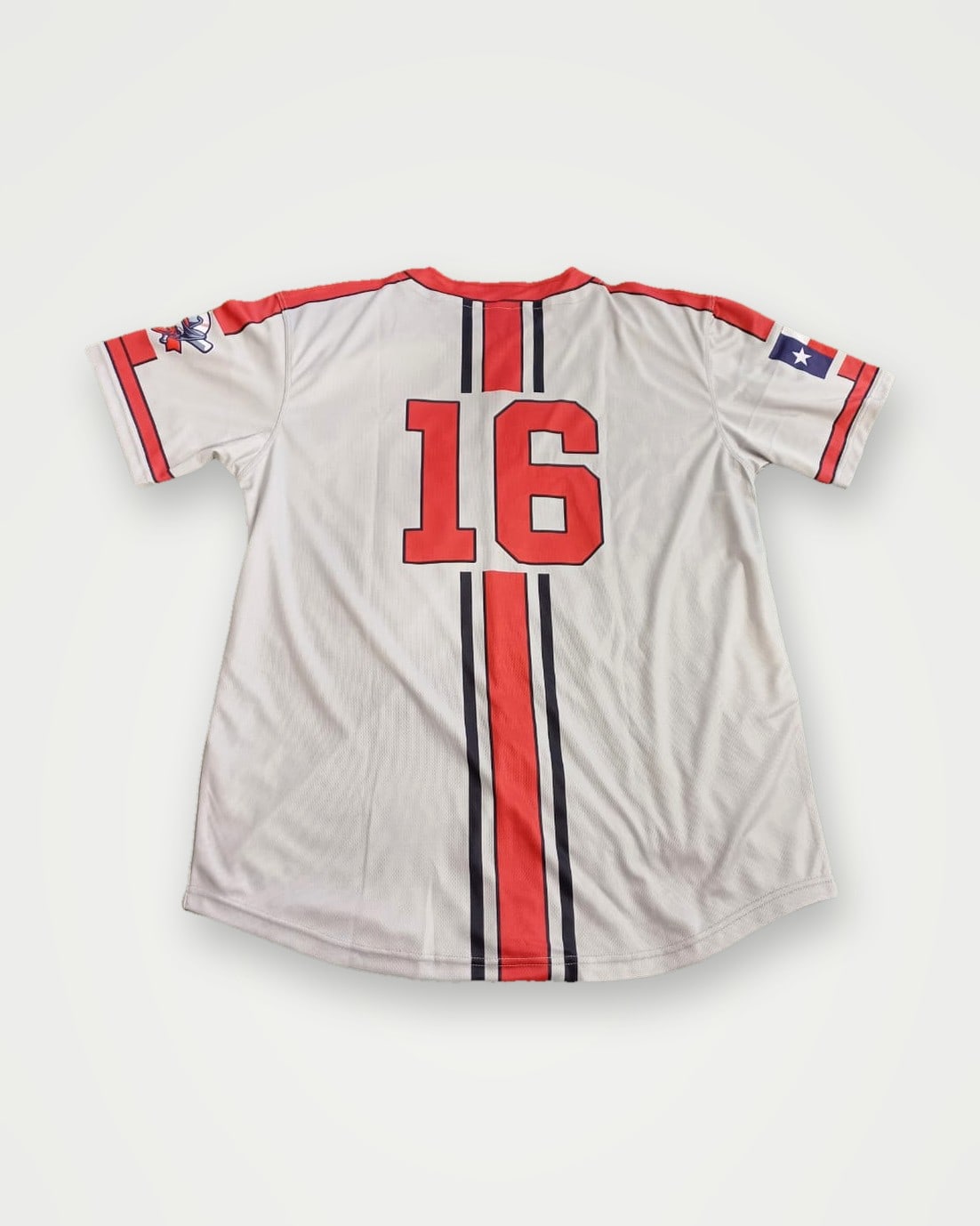 Grey baseball jersey with a red and navy centre stripe and number 16