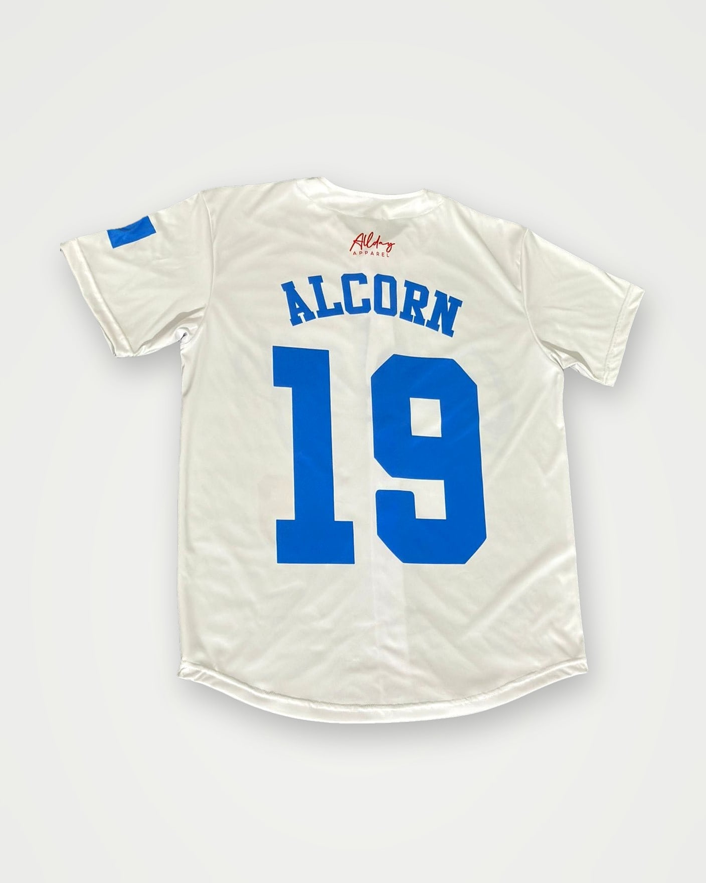 Back of a white baseball jersey with a blue name and number 19