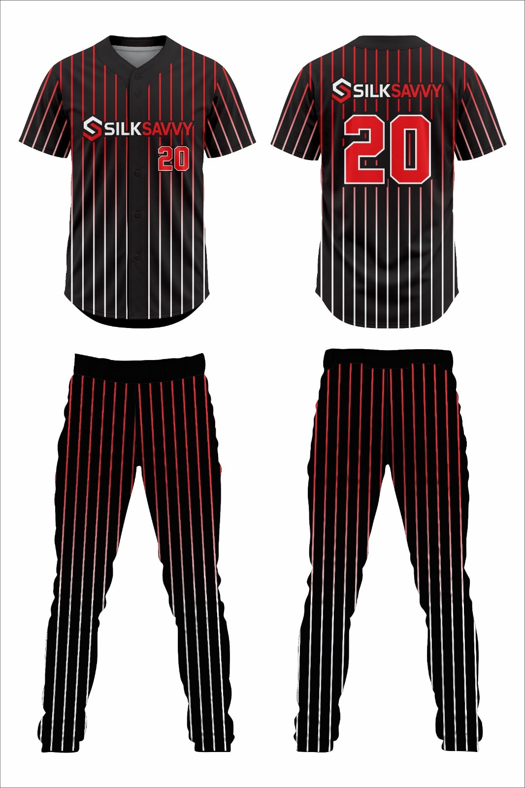 Design mockup: black and red pinstripe baseball uniform, front and back