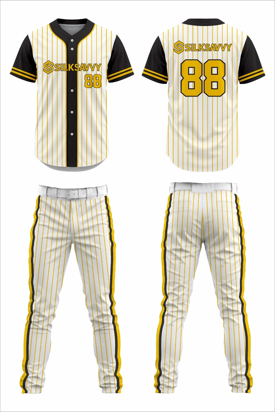 Design mockup: cream pinstripe baseball uniform with black and gold trim, front and back
