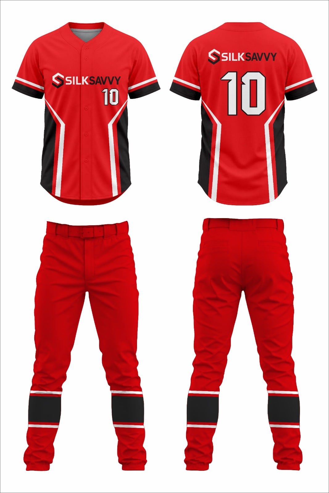 Design mock-up: red Silksavvy baseball jersey and pants, number 10