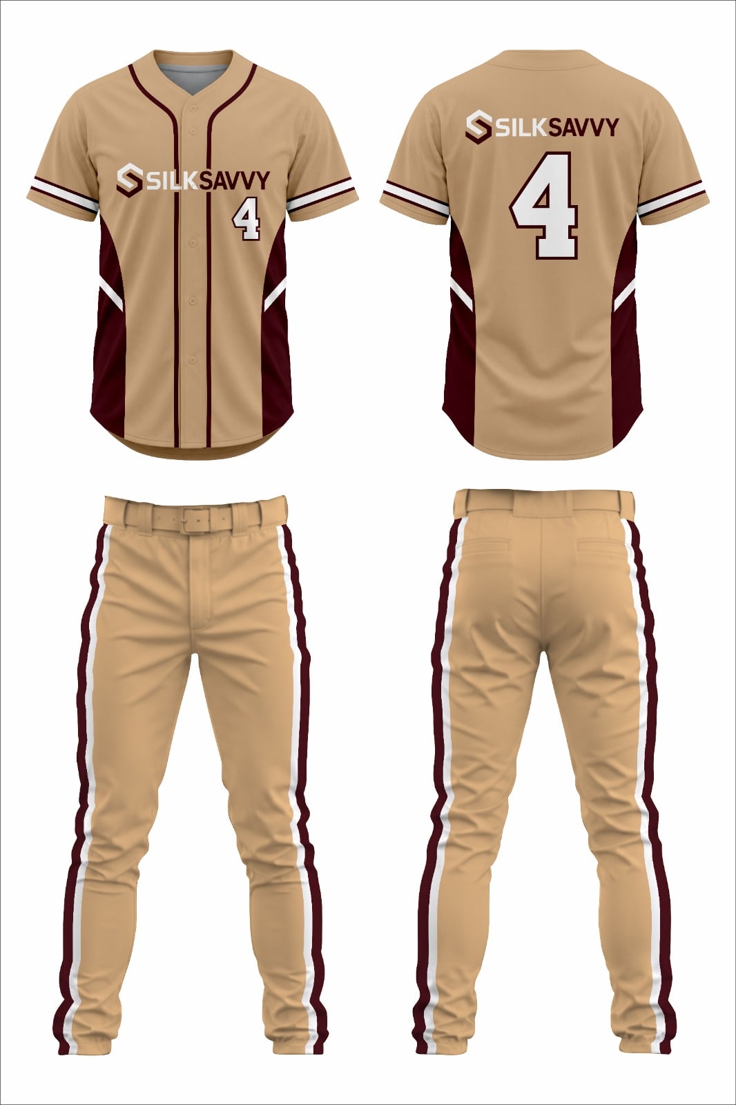 Design mockup: tan and maroon baseball uniform, front and back
