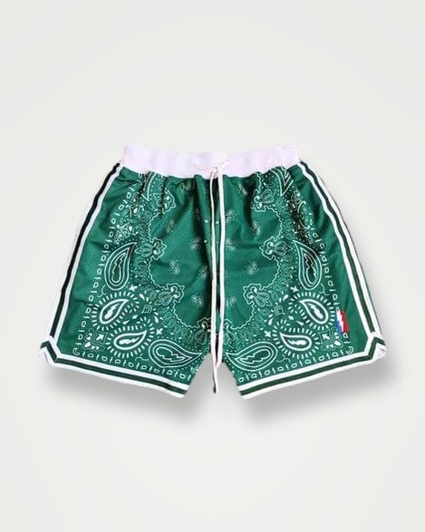 Green paisley basketball shorts with white trim
