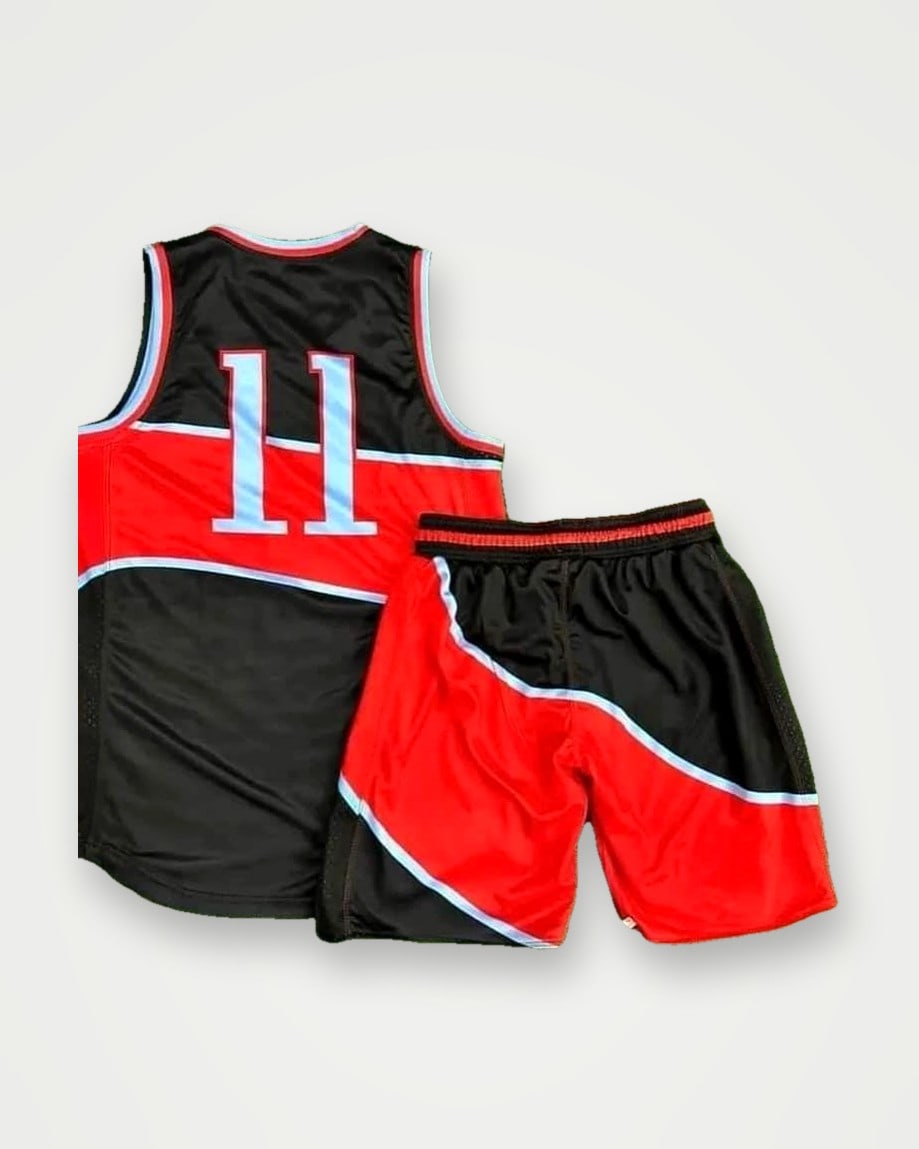 Black and red basketball jersey and shorts, number 11