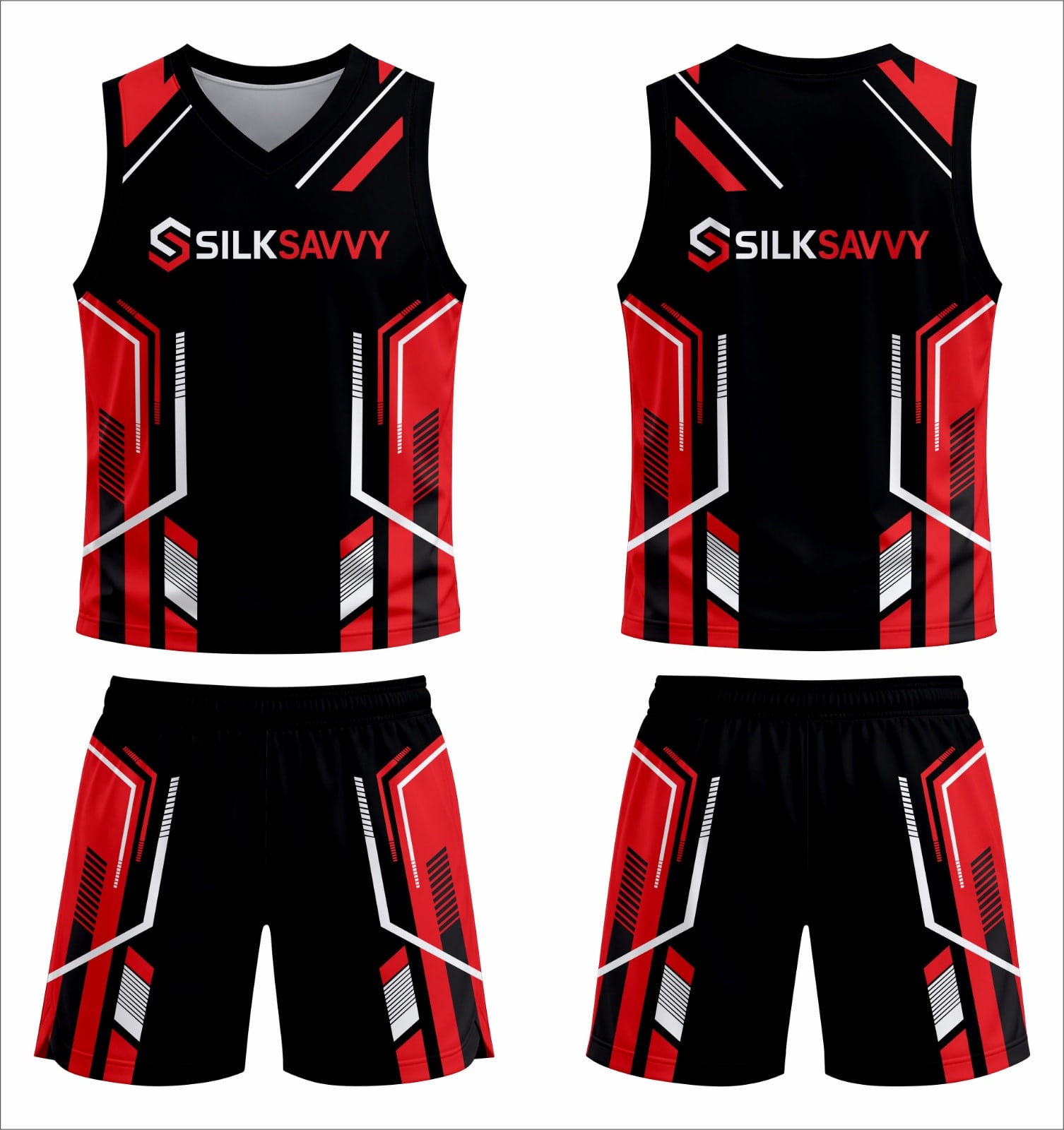 Design mockup: black and red basketball uniform with Silksavvy branding