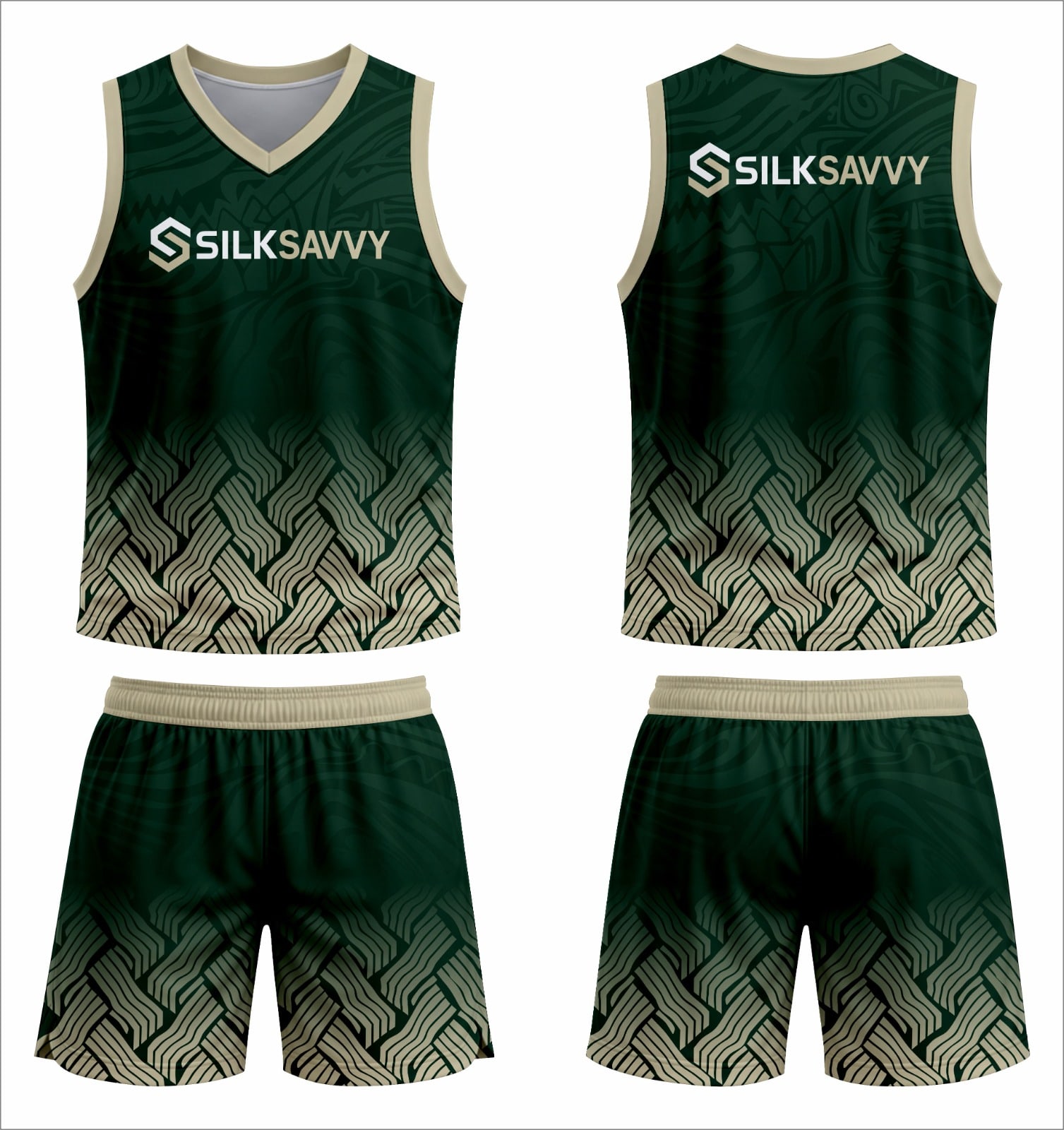 Design mockup: green gradient basketball uniform with Silksavvy branding