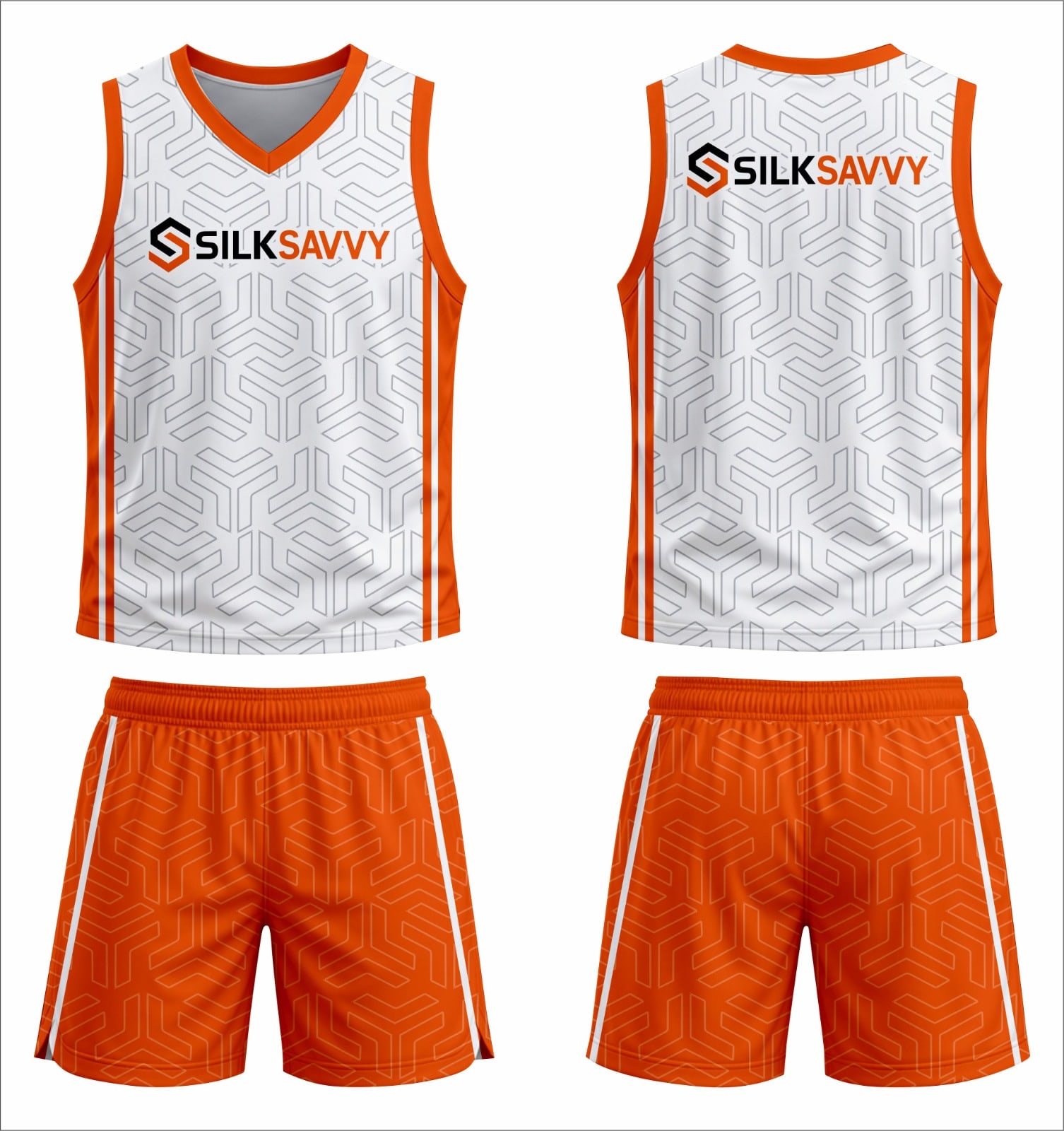 Design mockup: white and orange basketball uniform with Silksavvy branding