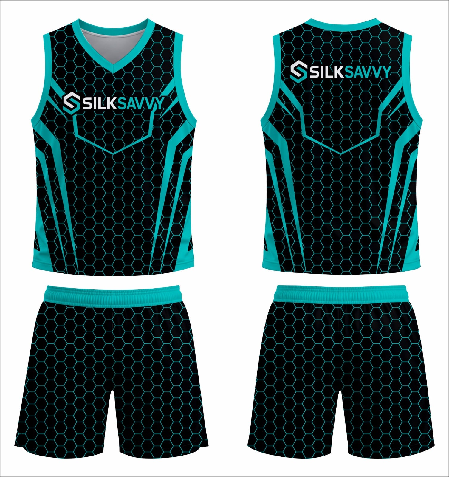 Design mockup: black and teal hexagon-pattern basketball uniform