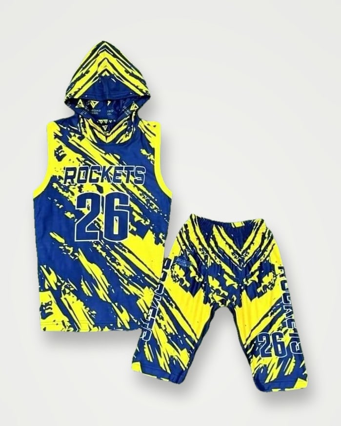 Blue and yellow sublimated Rockets basketball jersey and shorts, number 26