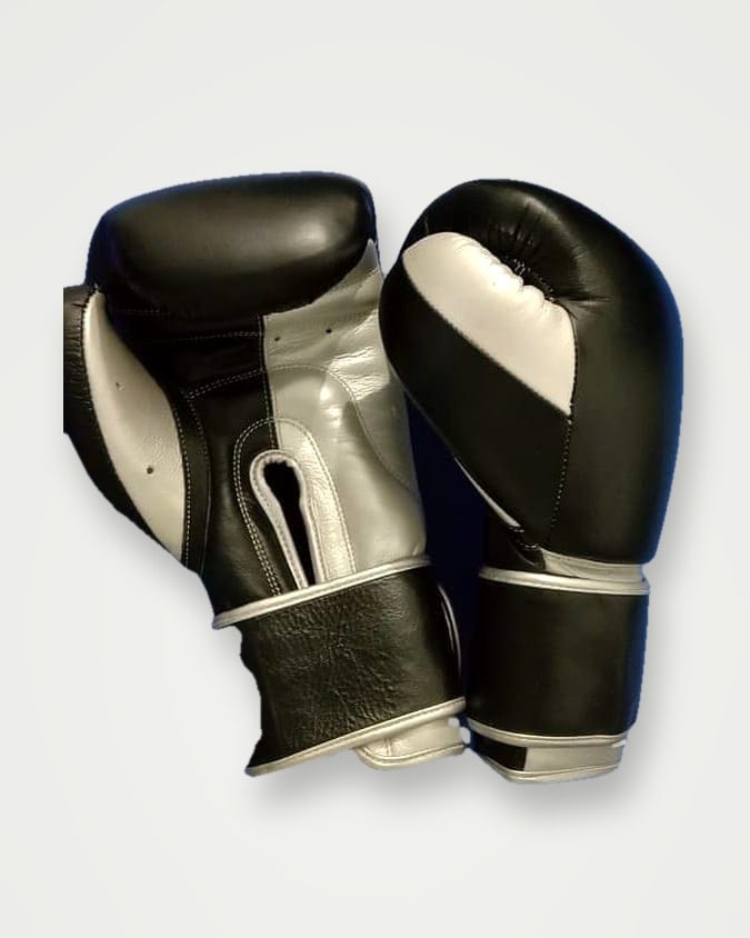 Black and white leather boxing gloves