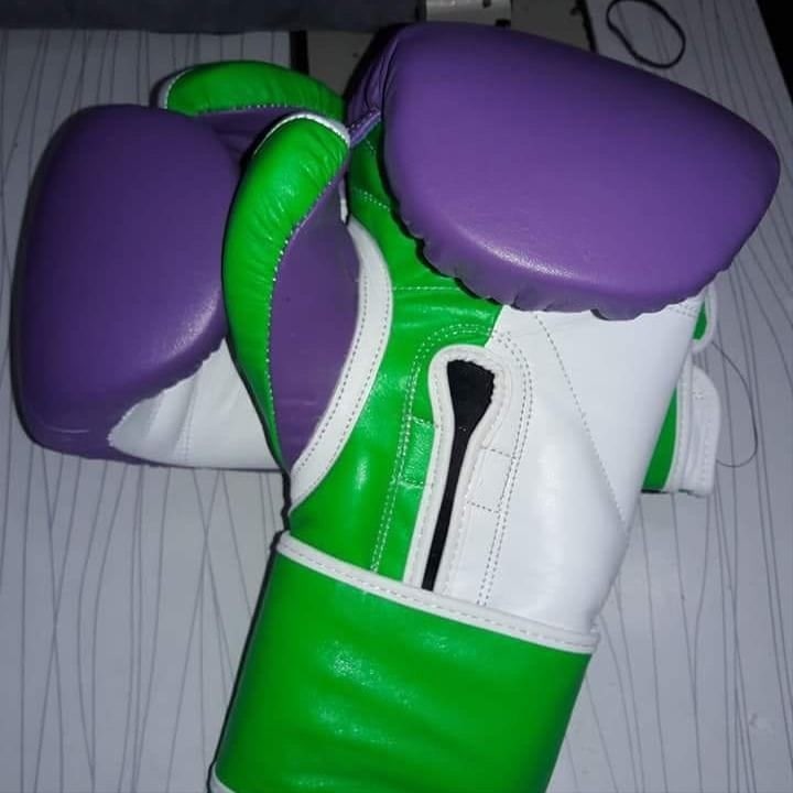 Purple, green and white boxing gloves