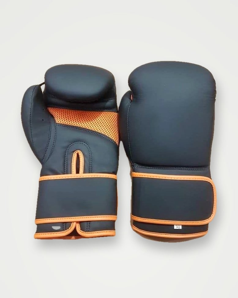 Slate grey boxing gloves with orange trim