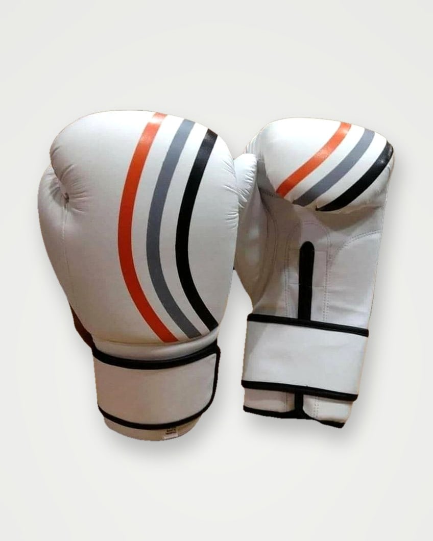 White boxing gloves with orange, grey and black stripes