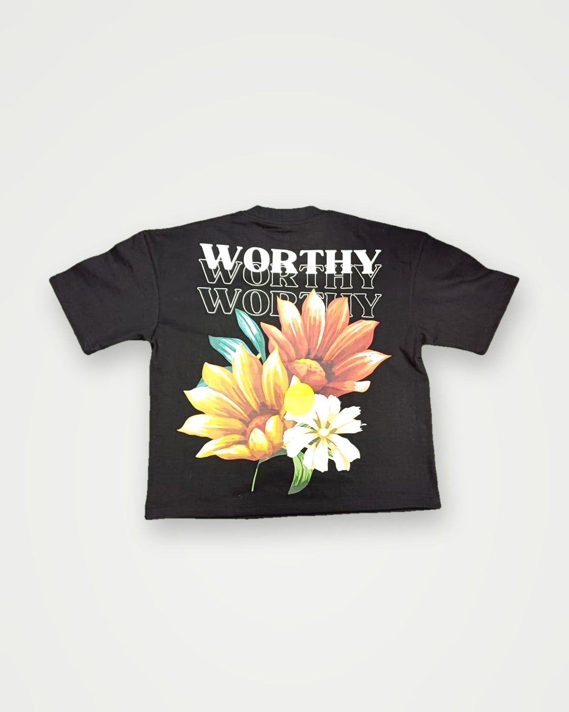 Charcoal boxy t-shirt with a floral back print