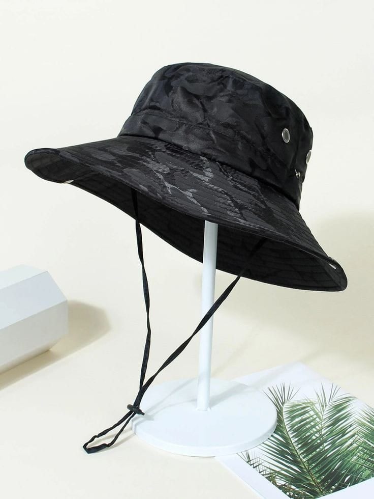 Black wide-brim bucket hat with chin cord