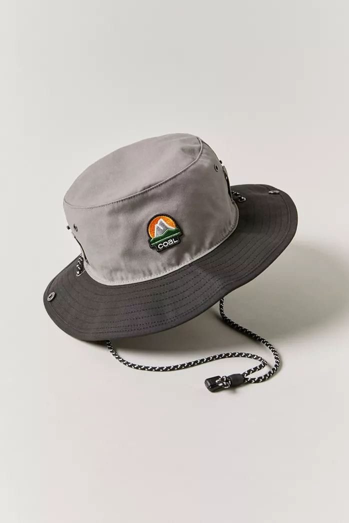 Grey and charcoal bucket hat with an embroidered patch