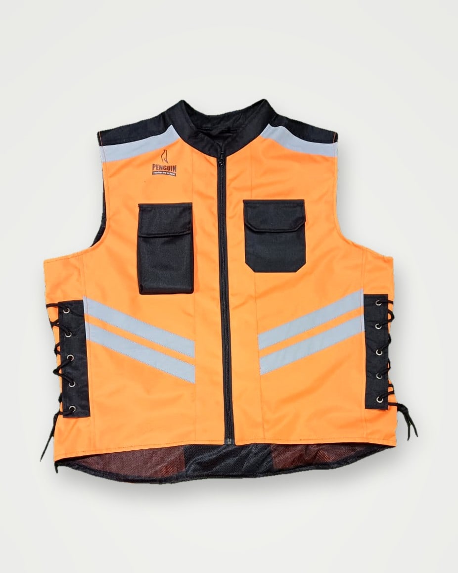 Orange hi-vis coach vest with reflective tape, pockets and side lacing