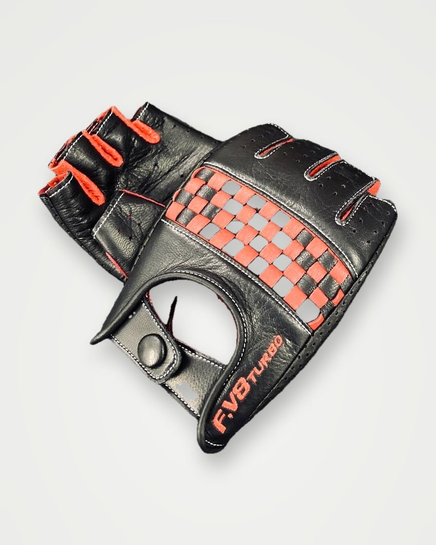 Black fingerless leather driving gloves with a red check panel