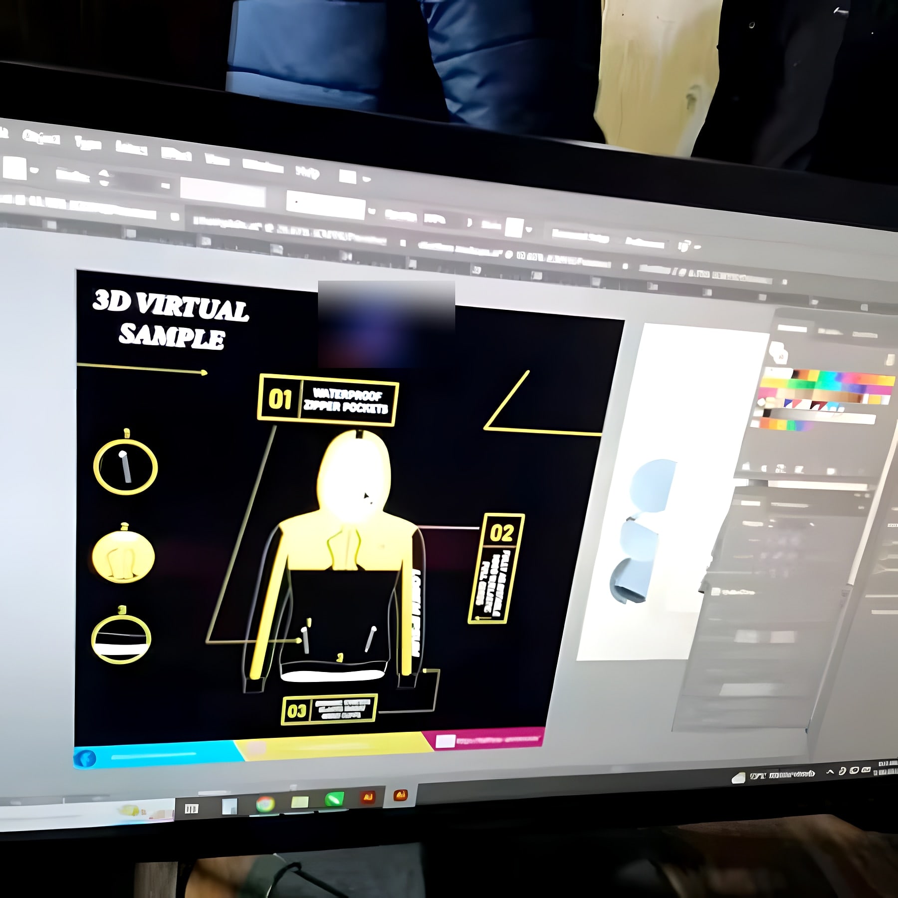 Designer preparing a 3D virtual sample of a jacket on screen