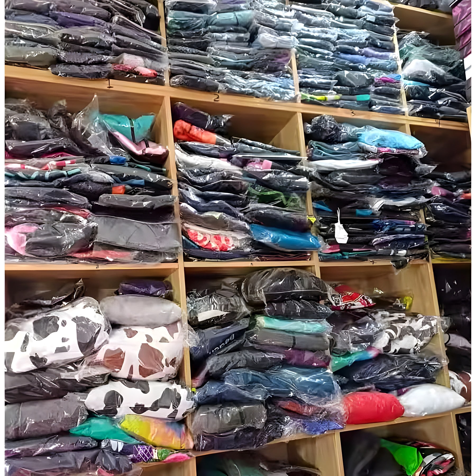 Shelves of finished garments, individually bagged and sorted