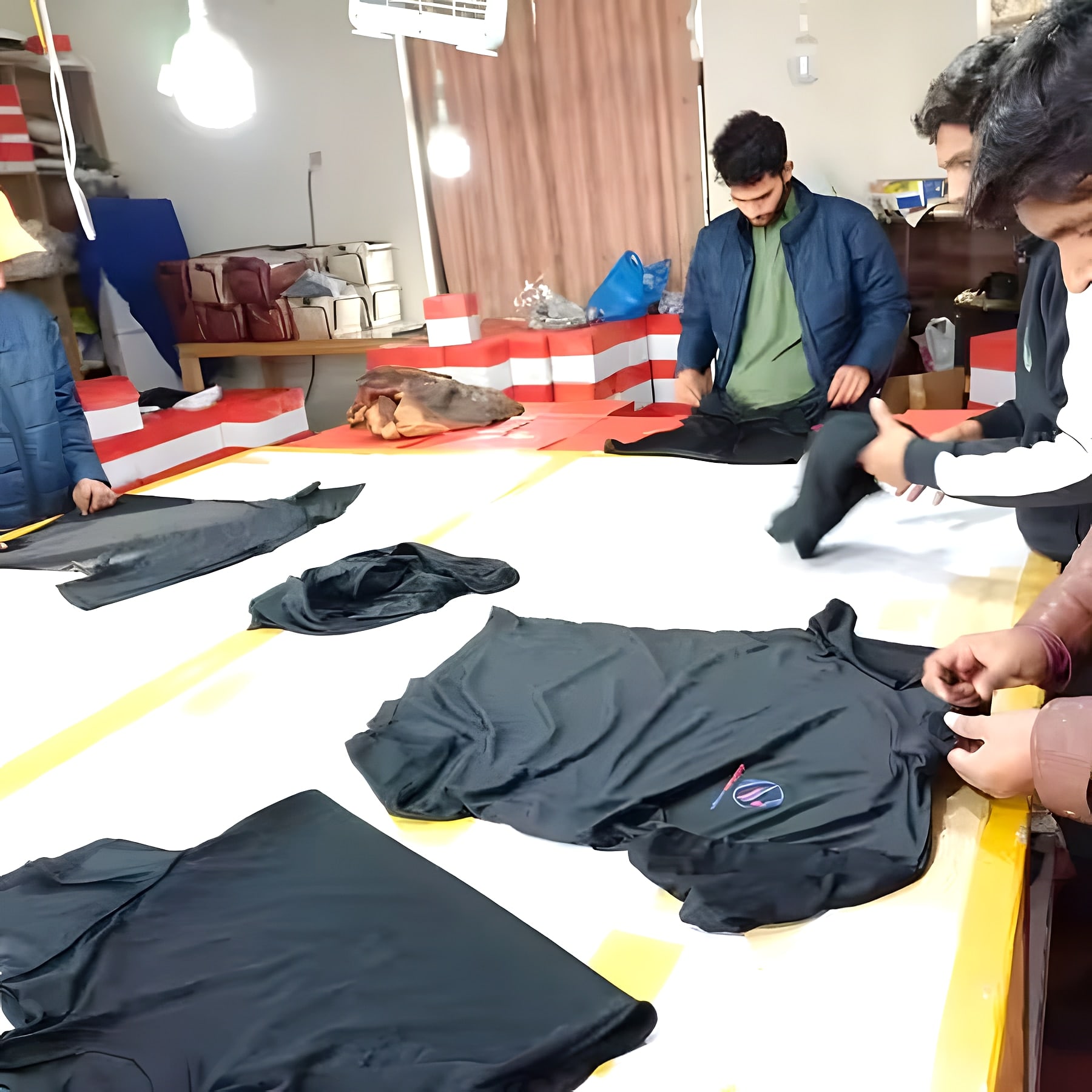 Workers laying out and checking black sports shirts on a work table