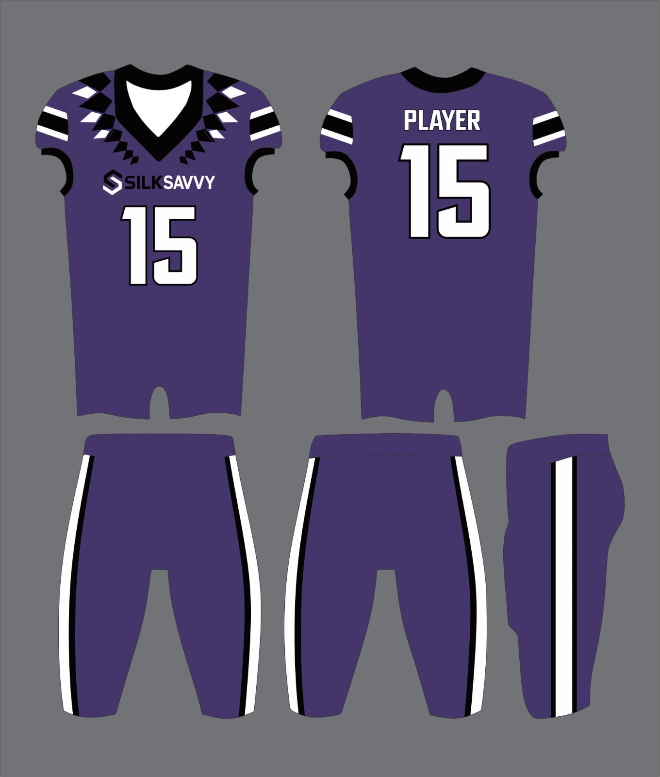 Design mockup: purple American football uniform, front and back