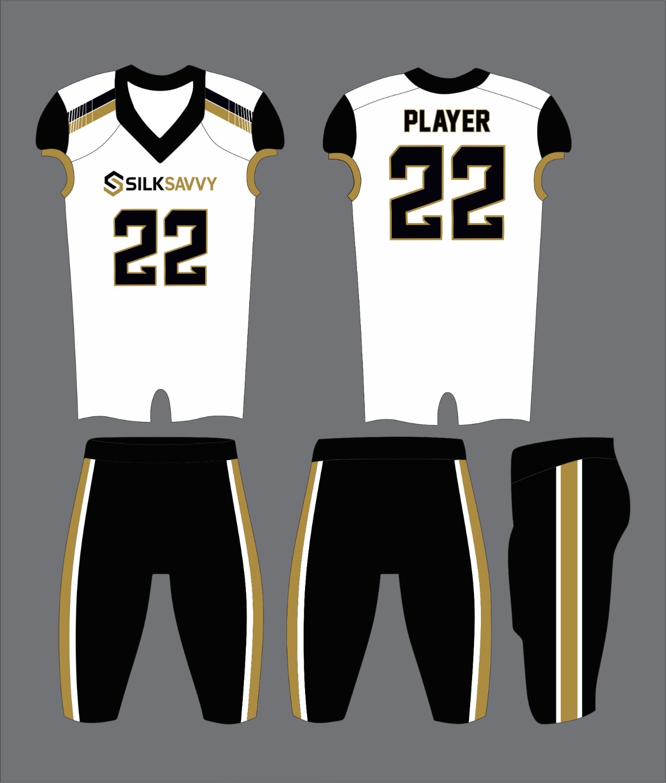 Design mockup: white American football uniform with black and gold trim