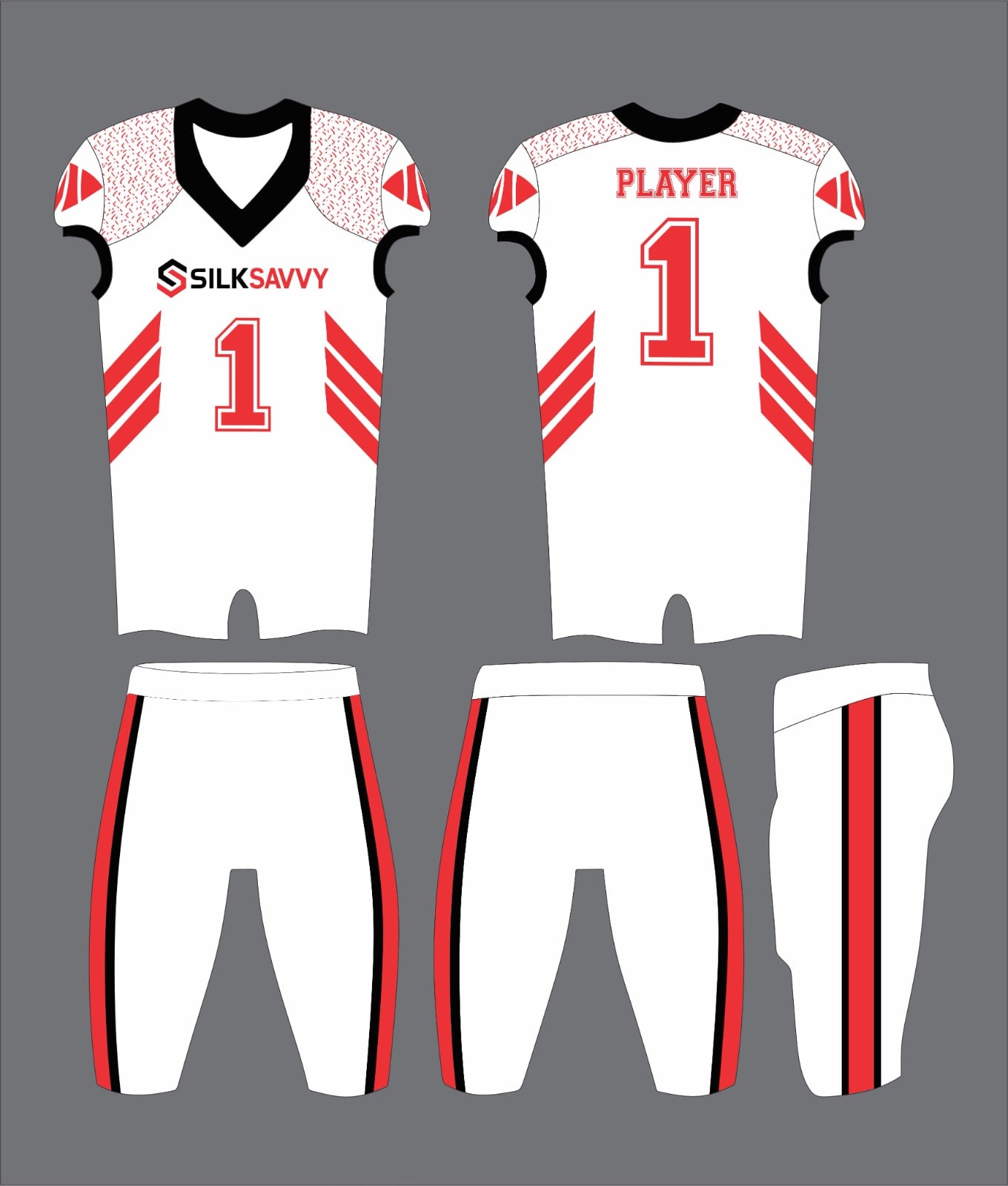Design mockup: white and red American football uniform, front and back