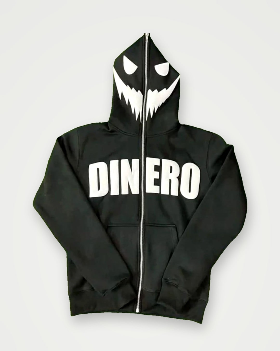 Black full-zip hoodie with a printed face on the hood and chest lettering