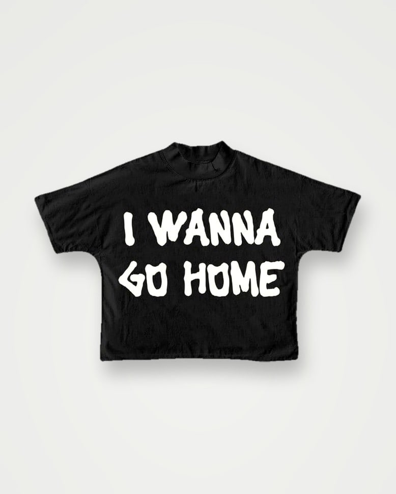 Black boxy t-shirt with a white puff-print slogan