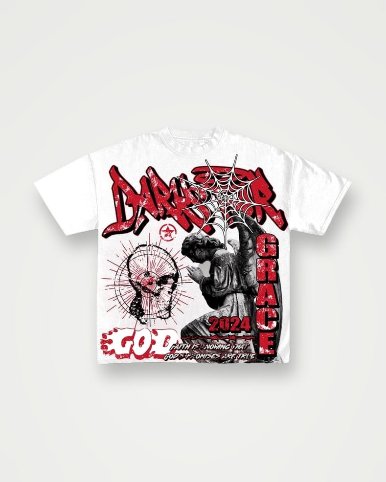 White boxy t-shirt with a large red and black screen print