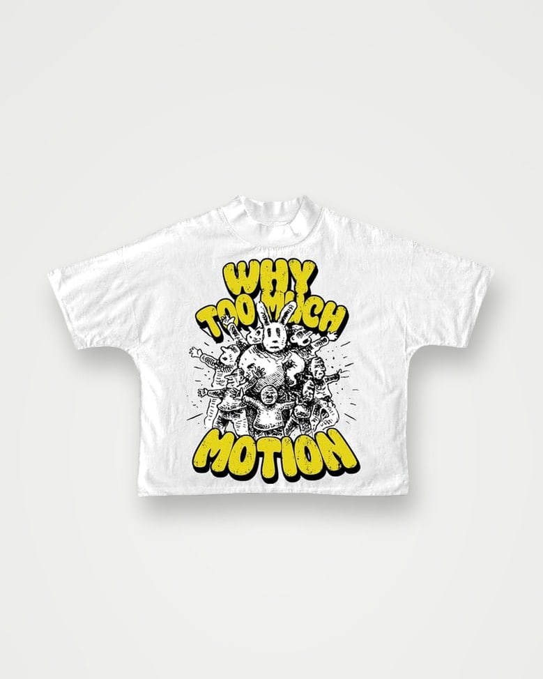 White boxy t-shirt with a yellow and black cartoon print