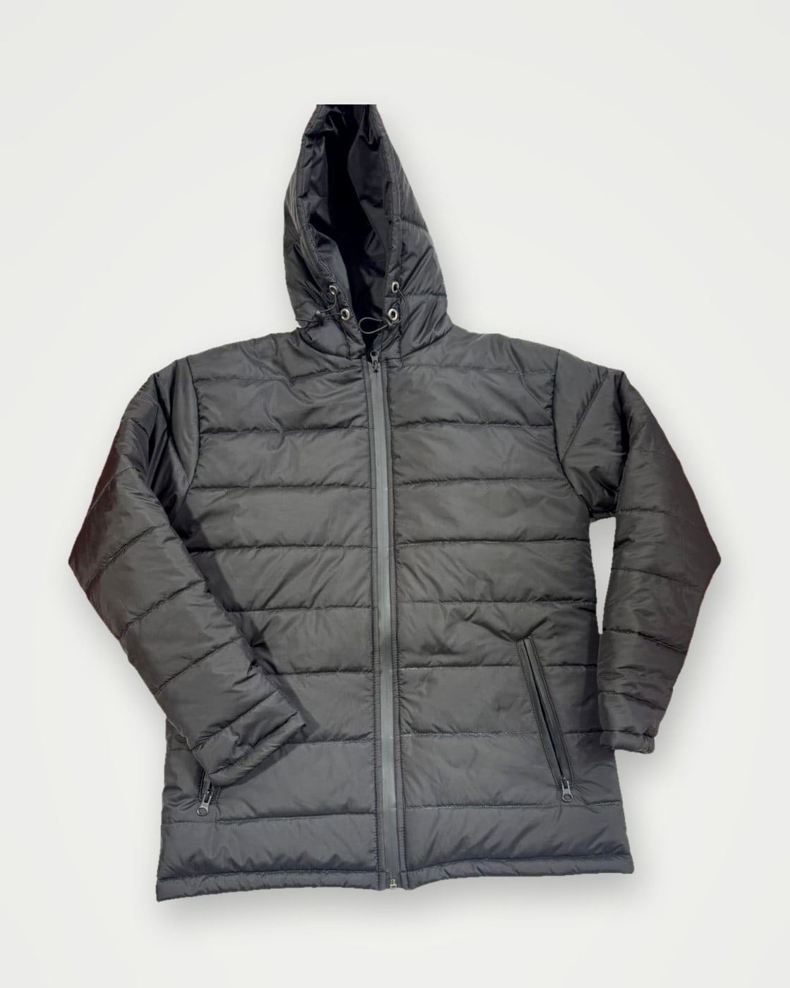 Black hooded quilted puffer jacket