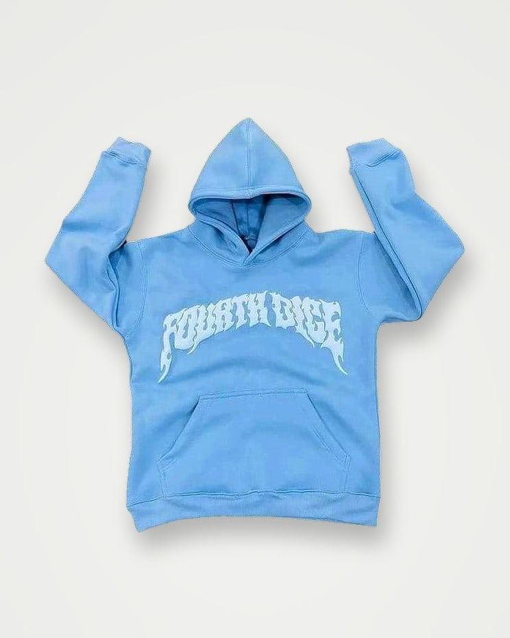 Light blue pullover hoodie with a white puff-print chest graphic