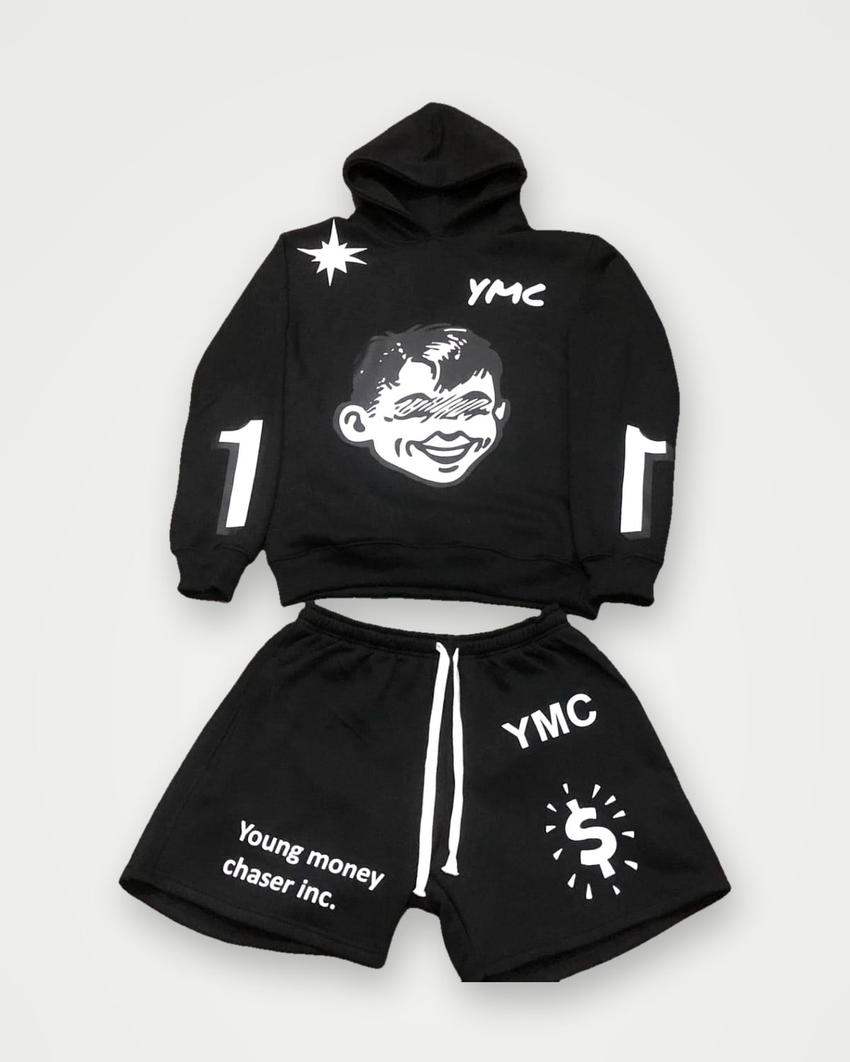 Black hoodie and shorts set with white prints