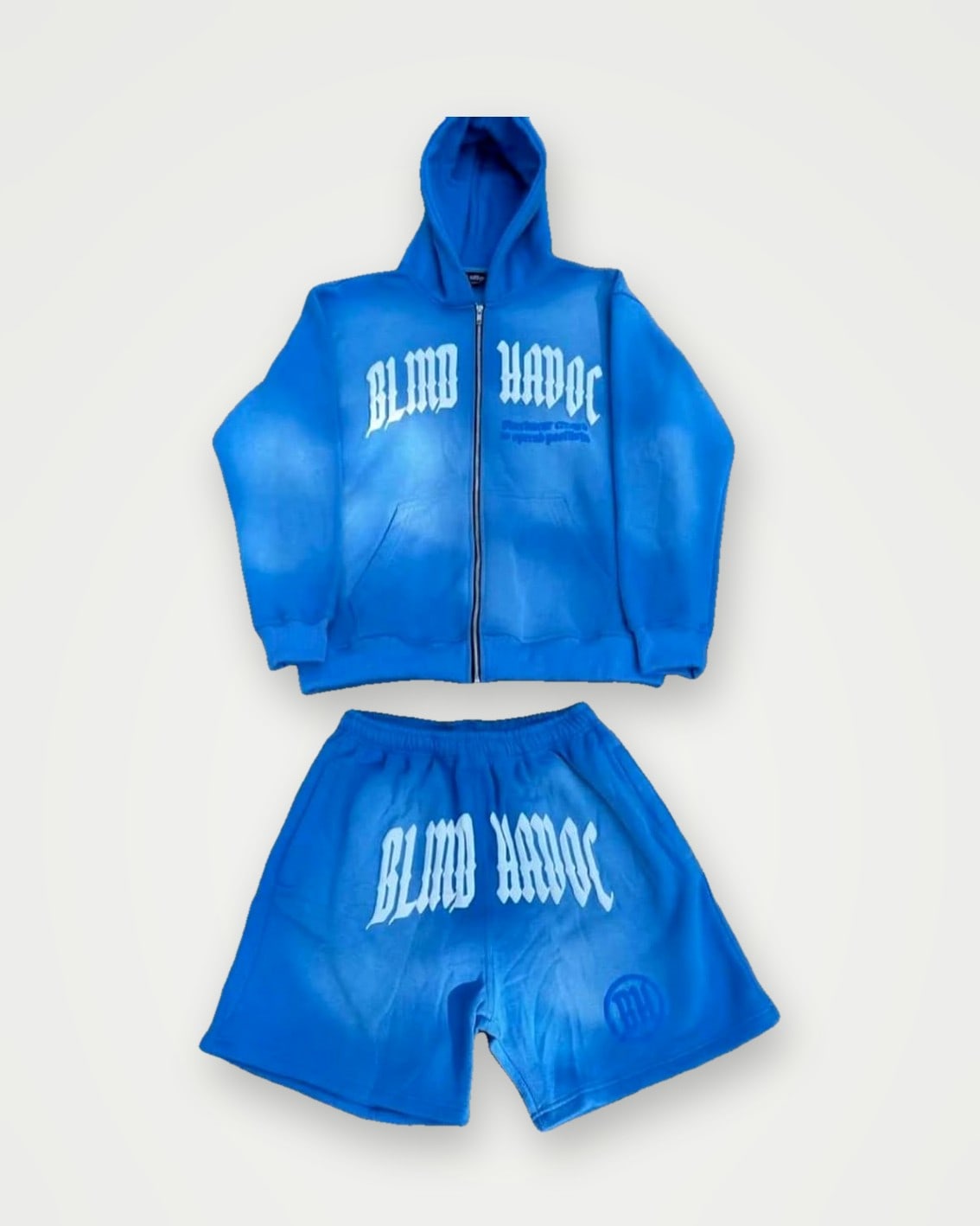 Blue acid-wash zip hoodie and shorts set with puff-print lettering