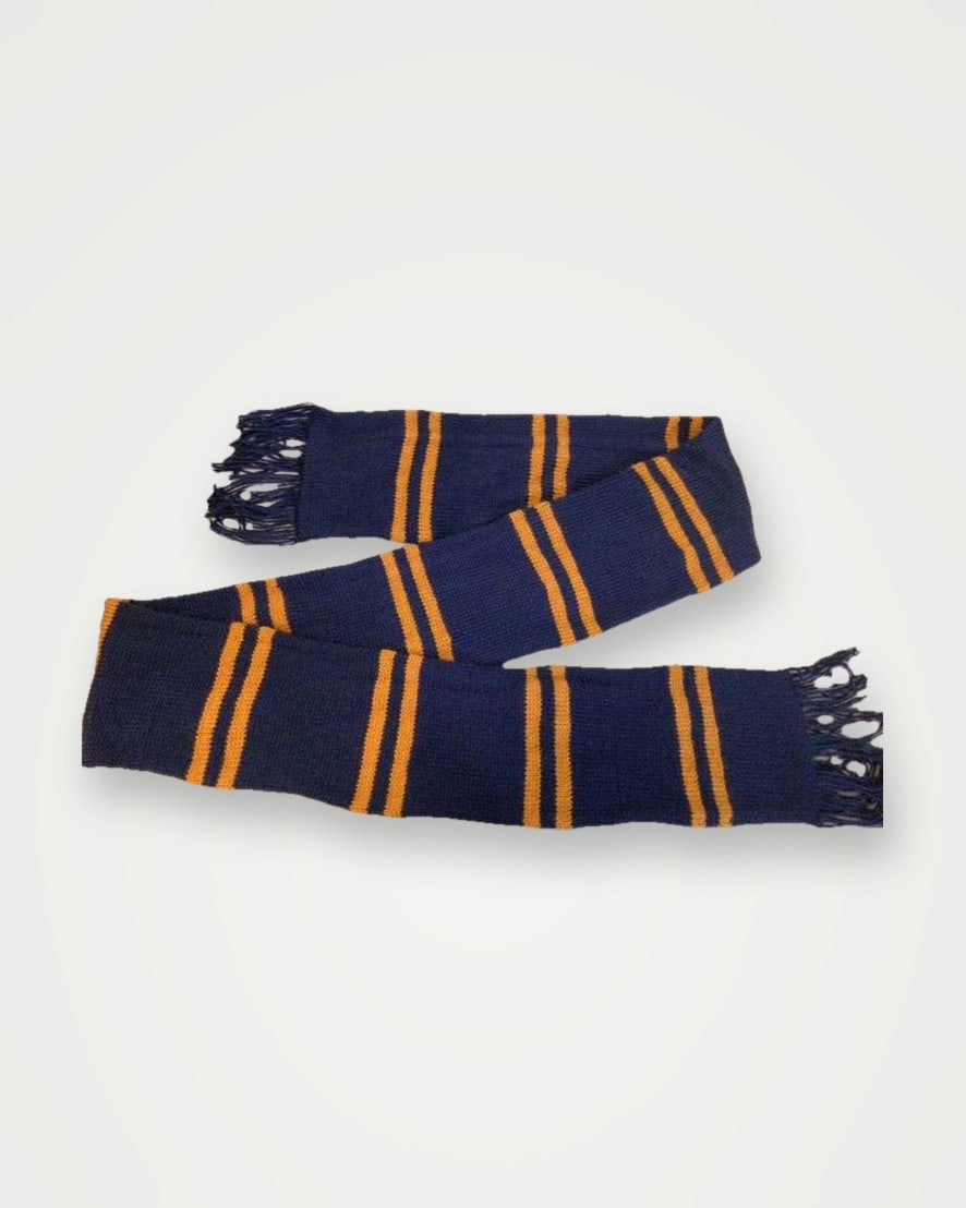 Navy knitted scarf with gold stripes