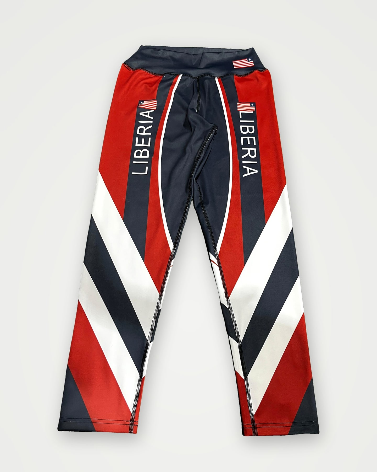 Navy, red and white striped team leggings with LIBERIA lettering