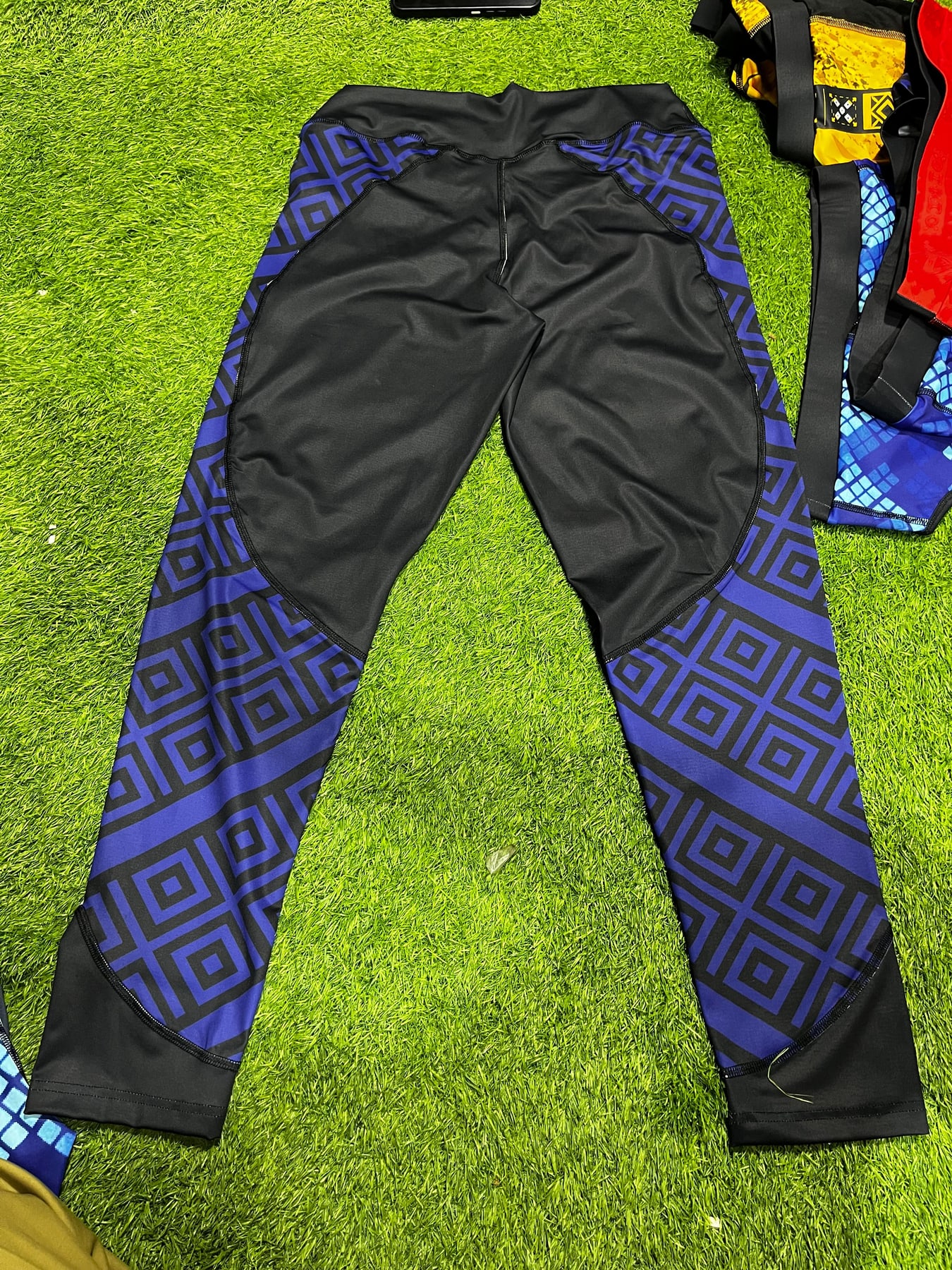 Black leggings with navy geometric panels
