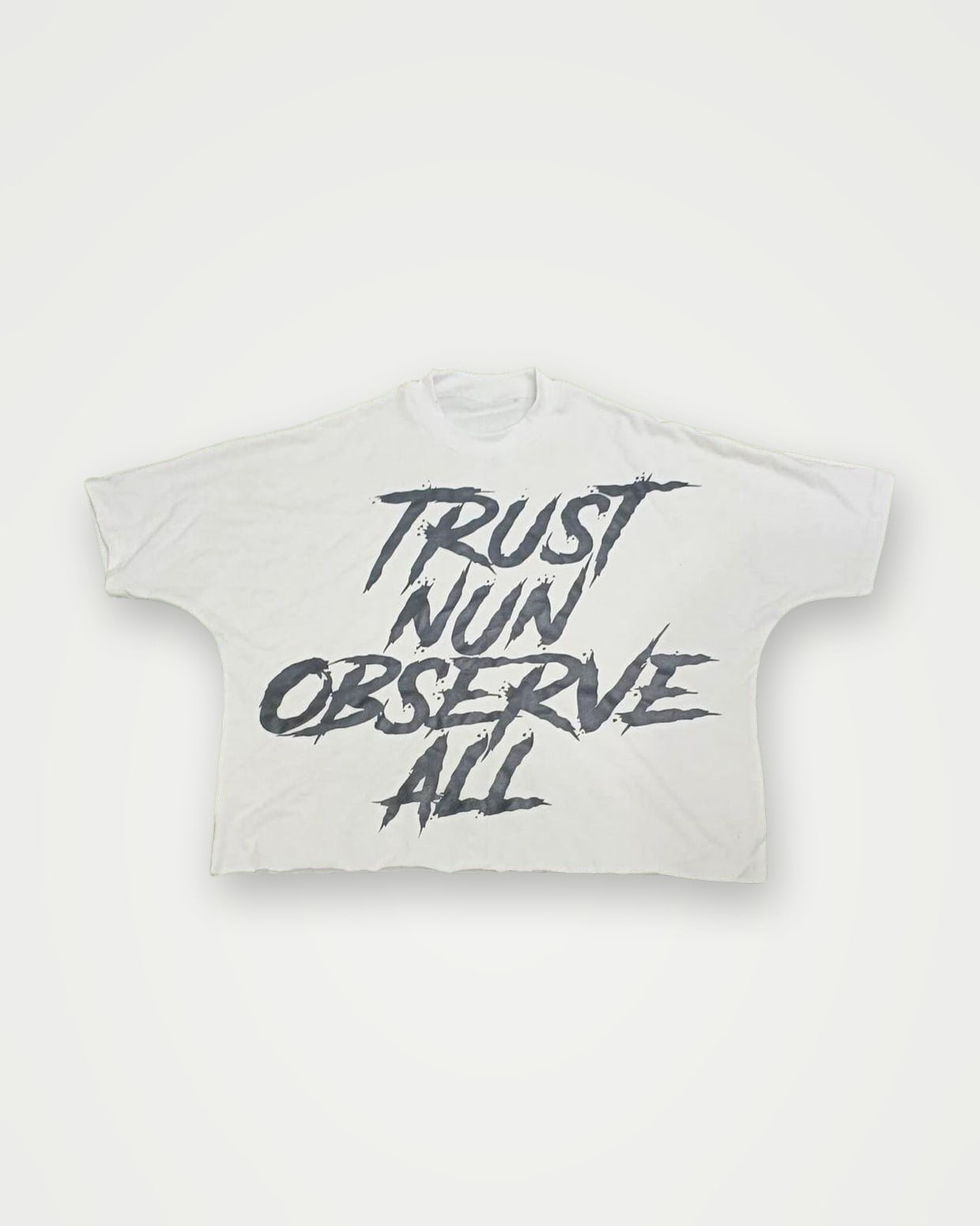 White boxy oversized t-shirt with a black brush-lettering print