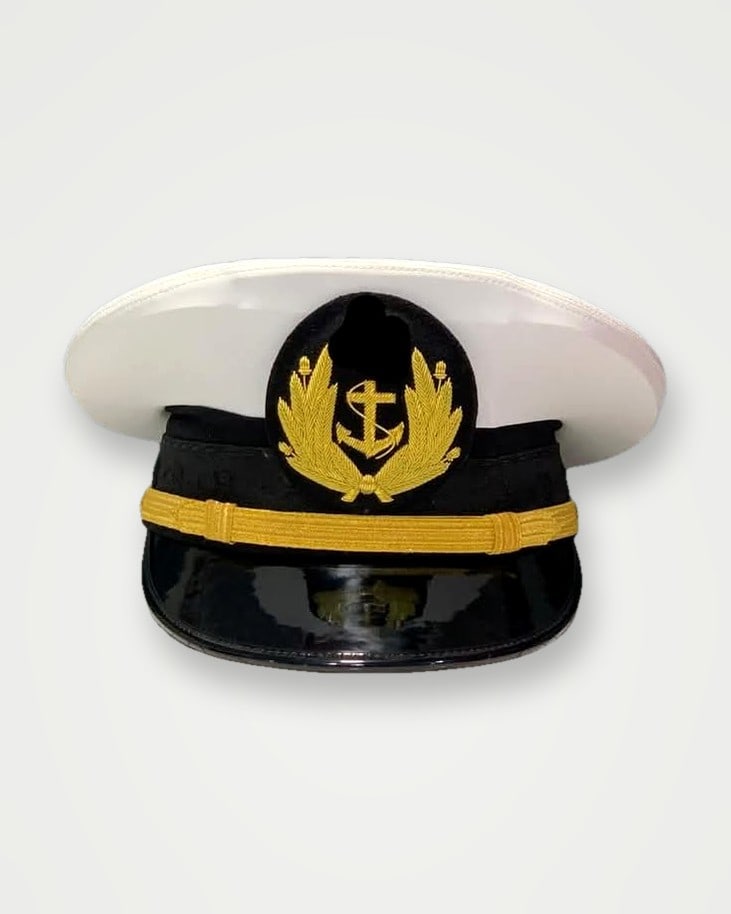 White-top peak cap with a gold band and embroidered badge