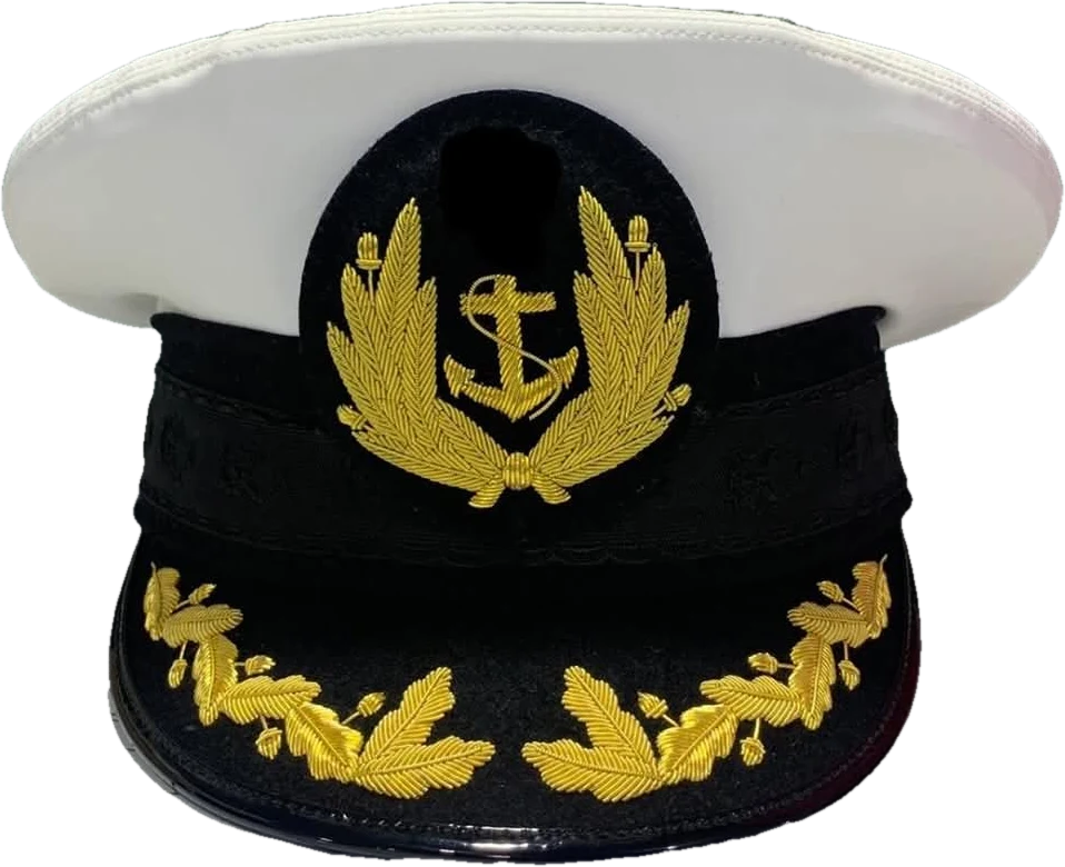 White-top naval peak cap with gold embroidered badge and visor