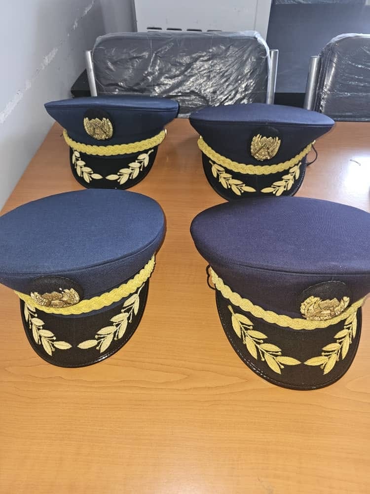 Four navy peak caps with gold bullion embroidery