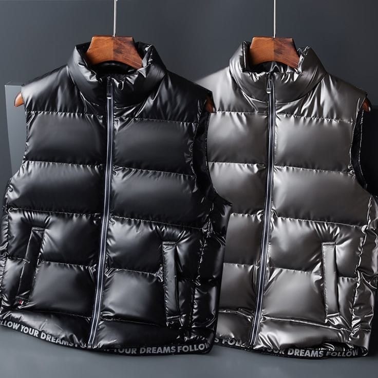Two gloss black puffer gilets
