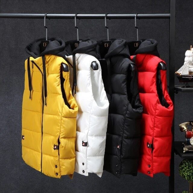 Hooded puffer gilets in yellow, white, black and red