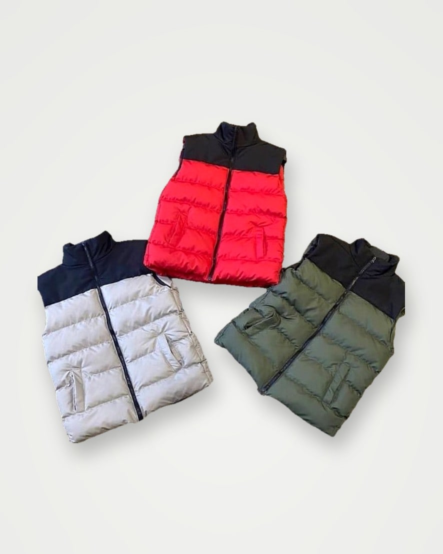 Three quilted puffer gilets in grey, red and olive with contrast yokes