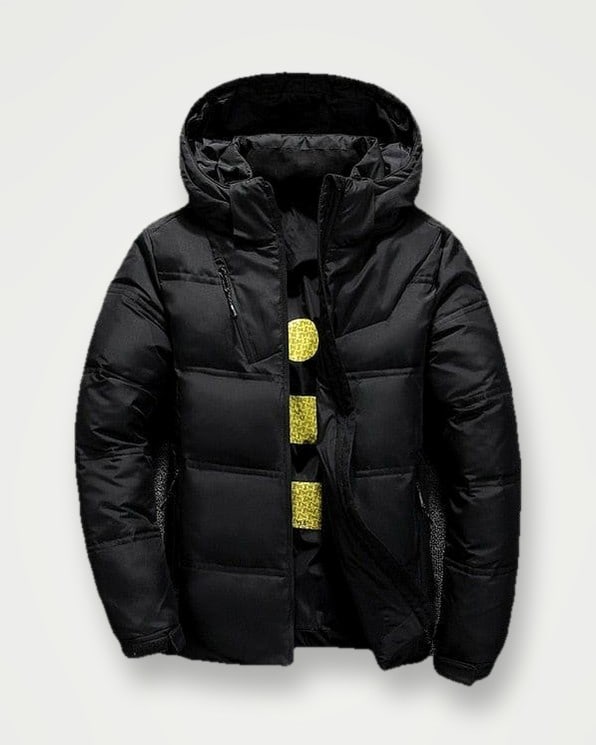 Black hooded down-style puffer jacket
