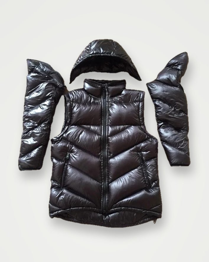 Brown gloss puffer jacket with detachable sleeves and hood